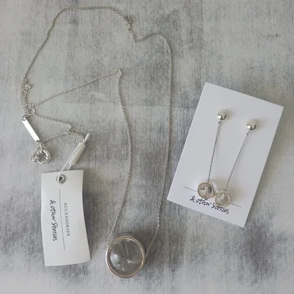 & OTHER STORIES Set of ORB PENDANT EARRINGS SILVER & Clear and Matched Necklace - Picture 3 of 10